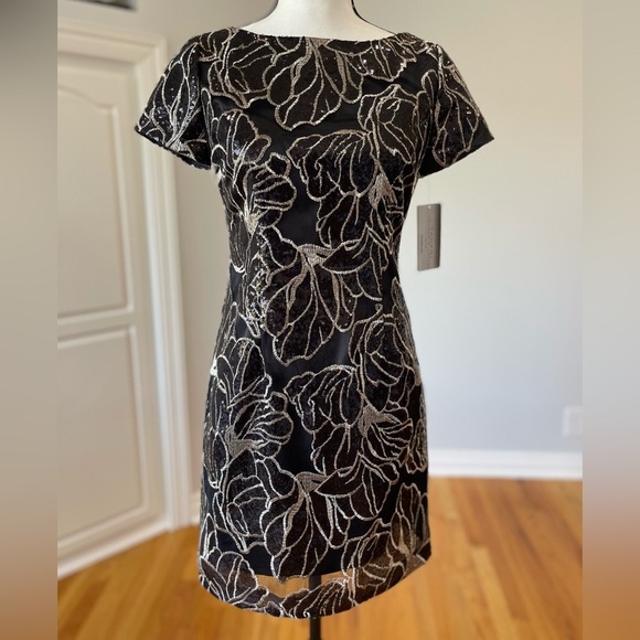 Tahari new with tags black and gold sequin sheath dress lined NWT size 2P formal - Picture 3 of 17